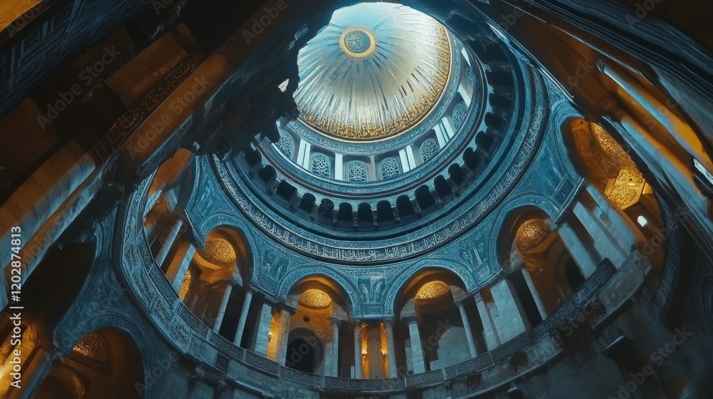 Poster a stunning view of a dome structure with intricate architecture and warm lighting.