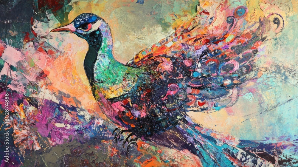 Poster a vibrant, abstract painting of a colorful bird with flowing feathers and dynamic colors.