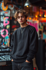 Teenage Boy in Black Sweatshirt Posed in Urban Hip-Hop Studio with Neon Lights