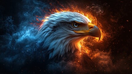 Fiery eagle head engulfed in flames and smoke.
