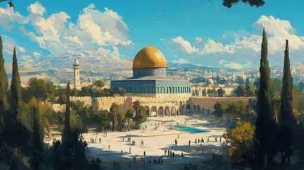 A vibrant depiction of a historic mosque with a golden dome and surrounding landscape.