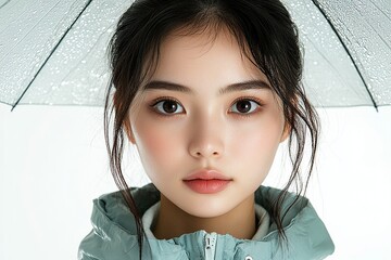 A young woman holding a transparent umbrella, looking directly at the camera with a serene expression.