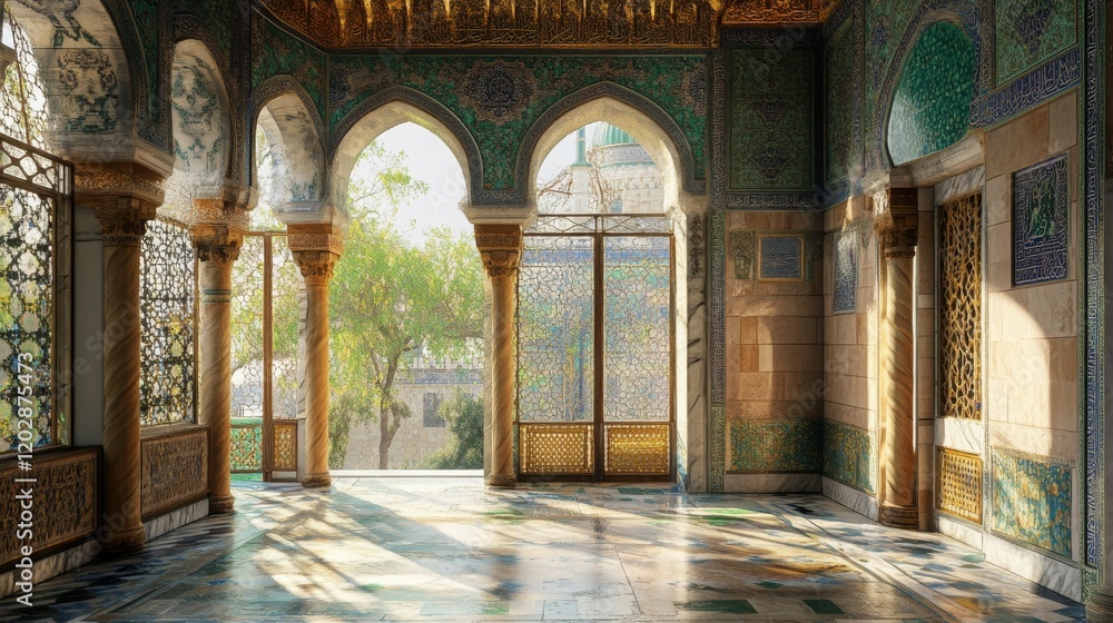 Poster a beautifully adorned architectural space with intricate patterns and natural light.