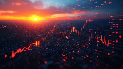 Fototapeta premium A sunset view over a cityscape, integrated with abstract financial data visualization.