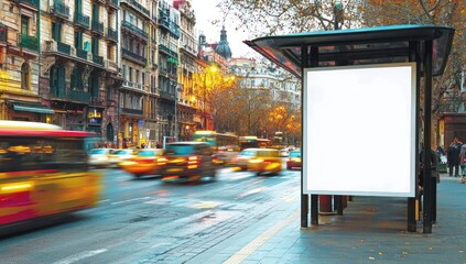 Urban daylight ad space in bus stop, vibrant city backdrop offers vivid life.