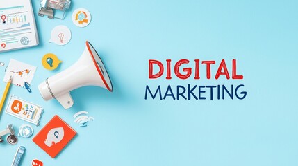 Digital marketing concept with icons and a megaphone on a blue background.