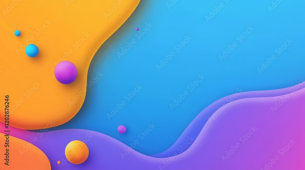 Poster a vibrant abstract background with smooth curves and colorful spheres.