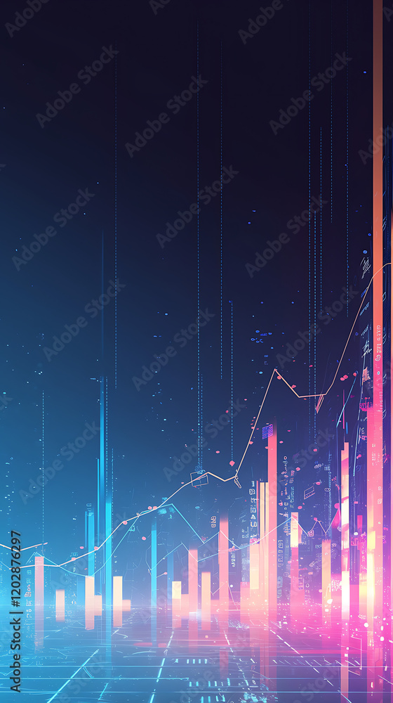 Poster colorful financial data visualization with rising graphs and digital elements against a dark backgro