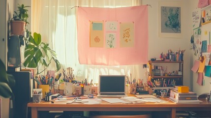 A studio scene with a pink banner hanging on the wall, a desk cluttered with creative supplies like markers, paper, and a laptop