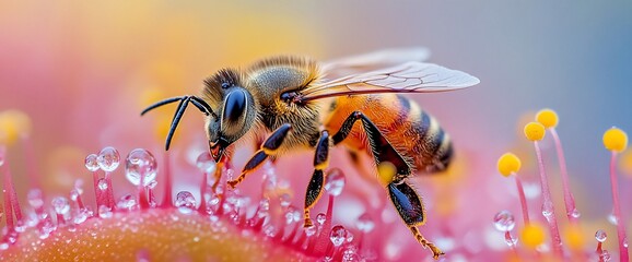 Naklejka premium Honeybee pollinating dew-covered flower, vibrant background, nature