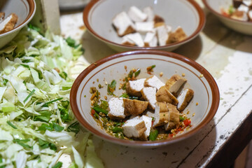 tofu slices in the bowl, healty food, vegan food