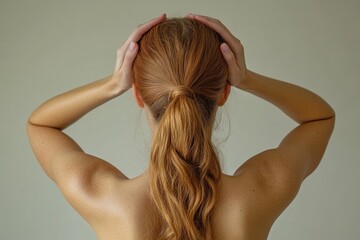 Fototapeta premium A woman with red hair, seen from behind, holds her head with both hands against a neutral background.