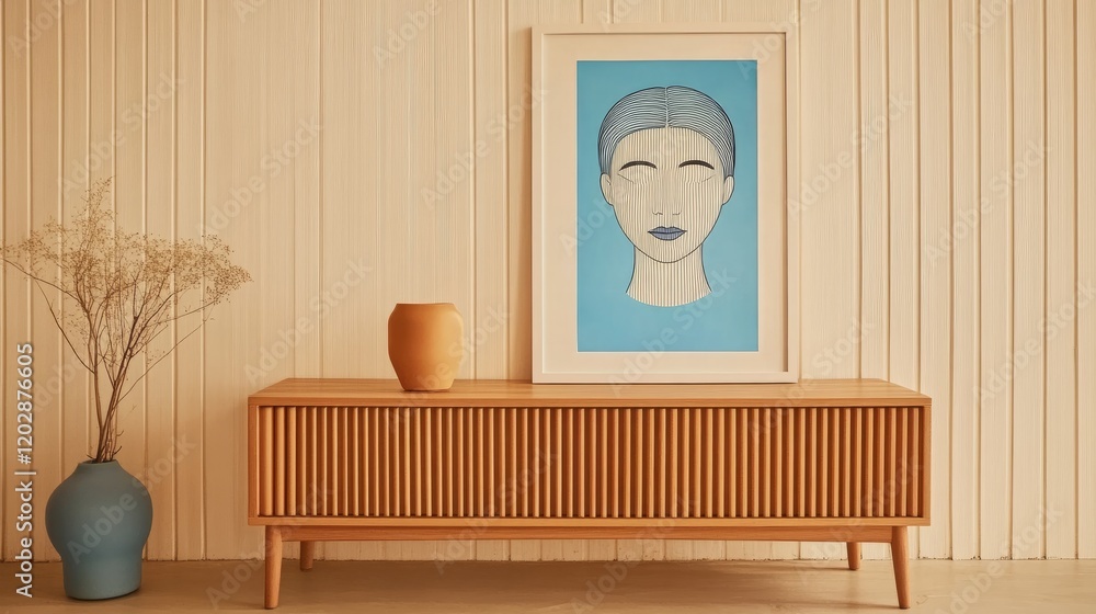 Poster a stylish minimalist setup featuring a sleek wooden console with vertical slats and a striking line 