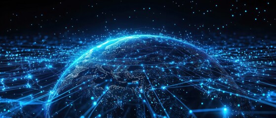 Obraz premium Futuristic digital landscape showcasing a glowing Earth surrounded by data streams
