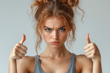 A young woman shows thumbs up with a serious expression, conveying mixed emotions.