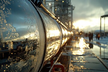 Reflections on a shiny pipeline at a sunset industrial site with workers