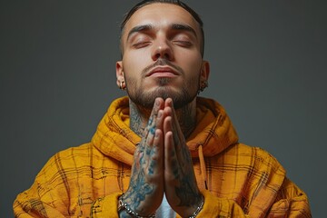 A tattooed individual in a yellow hoodie, eyes closed, hands clasped in a prayer-like gesture.