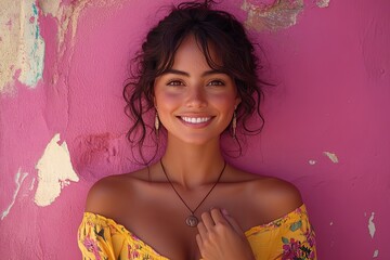 A smiling woman in a yellow floral dress poses against a vibrant pink wall.