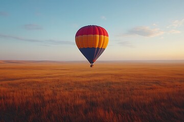 Naklejka premium Hot air balloon flight over golden field at sunrise