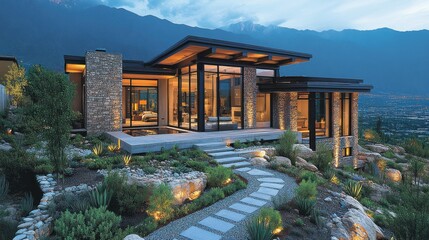 Modern mountain home twilight landscape design