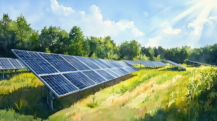a drawing of solar panels in a field with trees and grasses in the background