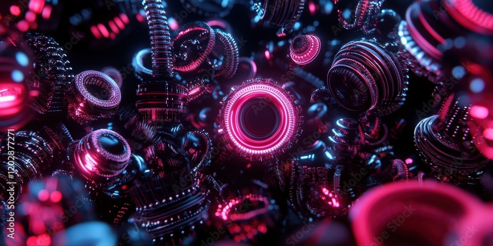Poster futuristic neon gears and circuits: a close-up exploration of vibrant mechanical elements in high-te