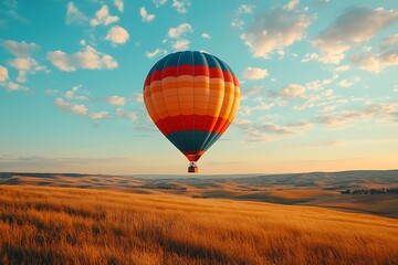 Obraz premium Hot air balloon flight over golden fields at sunset
