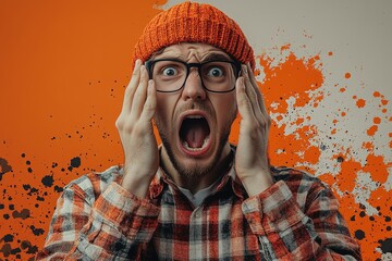 A surprised man in glasses and a beanie expresses shock against a vibrant orange background.