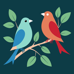 Two birds sit on trees branch minimalistic