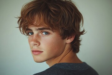 A young person with tousled hair gazes thoughtfully over their shoulder, exuding a contemplative vibe.