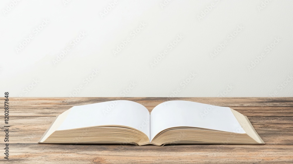 Aufkleber an open book on a wooden table, inviting reading and exploration of knowledge.