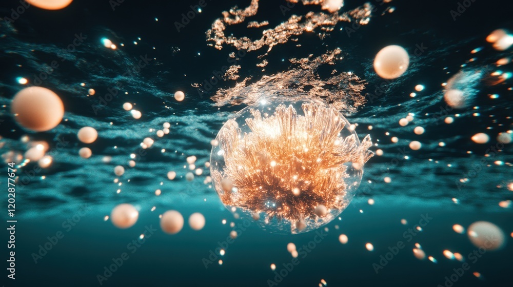 Poster abstract underwater explosion with glowing bubbles and swirling water particles, creating a mesmeriz