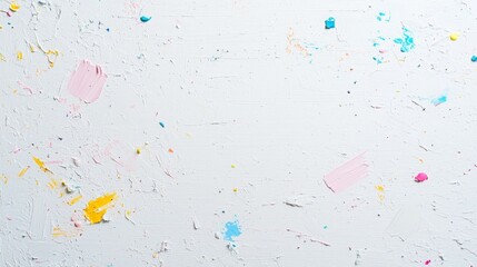 Abstract colorful paint splatters on a white background.