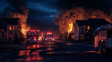 Dramatic Night Scene of a House Fire in Suburb, Fire Trucks Parked in Front with Blazing Flames