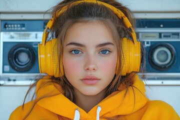 A young woman wearing yellow headphones and a hoodie, posing against a retro audio backdrop.