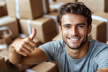 A smiling man giving a thumbs up in a warehouse filled with cardboard boxes.