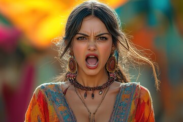 A woman passionately expressing emotion in vibrant attire, set against a colorful background.