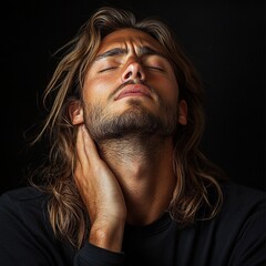 A contemplative young man with long hair, expressing emotion against a dark background.