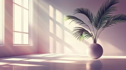 3d rendering of a plant in a vase on a table in front of, soft neon atmosphere
