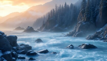 Fototapeta premium Serene Winter Coastline Sunrise Landscape Photography