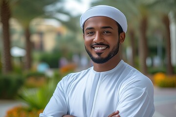 A smiling man in traditional attire stands confidently in a lush, tropical setting.