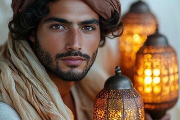 A young man holding a decorative lantern, exuding a warm, cultural ambiance.