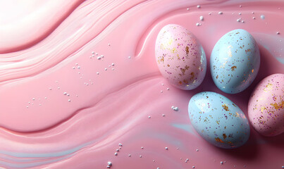 Pink swirl background, pastel Easter eggs