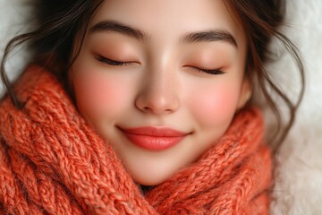 A close-up portrait of a smiling woman wrapped in a cozy orange scarf.