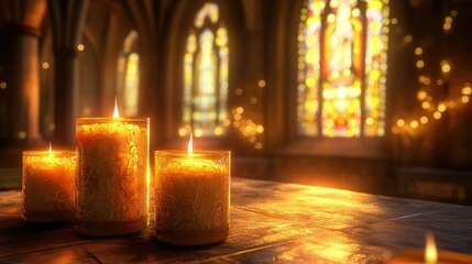 A row of lit candles in varying sizes is placed in front of a blurred background