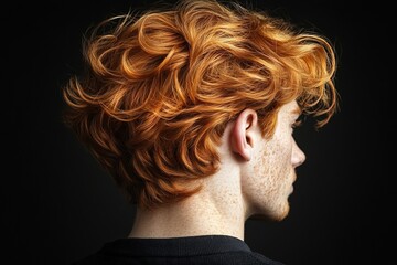 A close-up view of a person with curly red hair and freckles, showcasing unique hair texture.