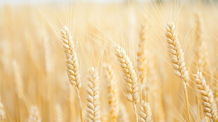A close-up of golden wheat stalks swaying in a field under soft sunlight.