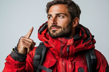 A man in a red jacket points upward, suggesting adventure or exploration.