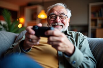 Joyful Senior Man Engaged in Video Gaming Indoors, Experiencing Excitement and Happiness While Holding Game Controller, Relaxed Home Environment