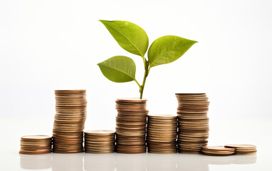 Stacked Coins and Plant Signifying Earnings Growth and Financial Prosperity, isolated on white background